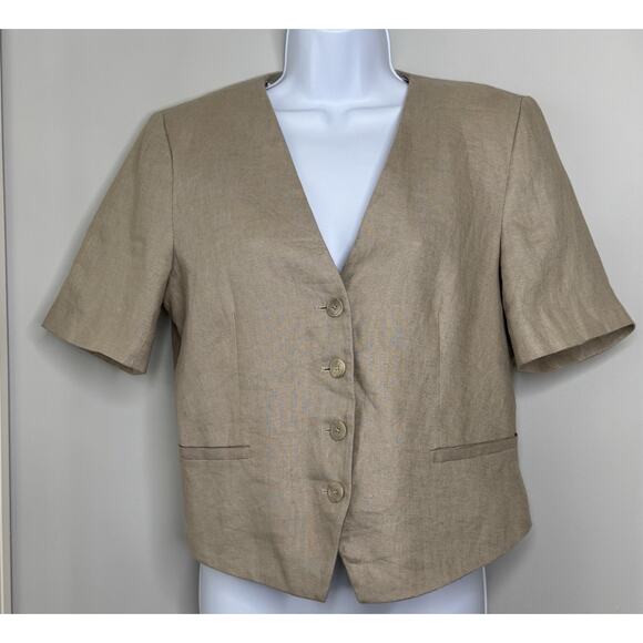 Zara Women’s 100% Linen Blazer Waistcoat Size M Beige Button Down Short Sleeve - Picture 1 of 14